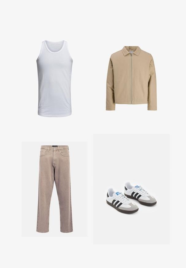 Beige kurze Jacke aus glattem Stoff, mit Reverskragen, Frontreißverschluss und zwei Seitentaschen. Einfaches Design und klare Linien.; Weißes Baumwoll-Tanktop mit Rundhalsausschnitt, breiten Trägern und minimalem Branding, das innen am Kragen aufgedruckt ist. Weicher Stoff, lässige Passform.; Beige gerade geschnittene Jeans aus Denim, mit einem klassischen Fünf-Taschen-Design, genähten Akzenten und einem sauberen Saumfinish.; Sportschuhe mit einem Obermaterial aus weißem Leder, grauer Wildleder-Zehenkappe und drei schwarzen Streifen. Sie verfügen über ein blaues Logo auf der Zunge und eine strukturierte Gummisohle.