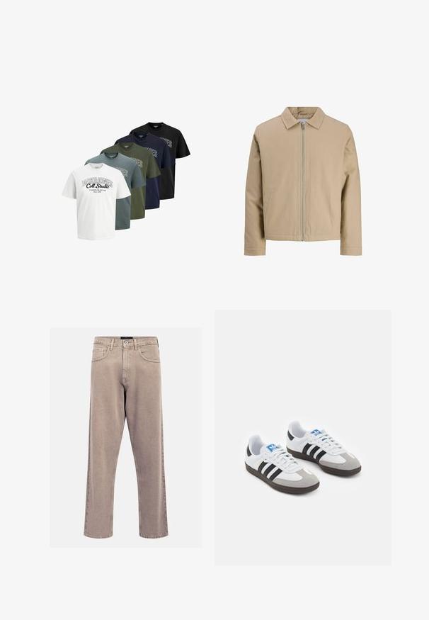 Beige kort jakke lavet af glat stof, med spidse krave, frontlynlås og to sidelommer. Enkel design og rene linjer.; Fem foldede kortærmede t-shirts med rund hals i hvid, blå, grøn, marine og sort med teksten "JACK & JONES Coll. Studio" trykt på fronten.; Beige lige jeans lavet af denim, med et klassisk fem-lomme design, stikninger og en ren kant.; Sportsko med en overdel i hvid læder, grå ruskind på tåen og tre sorte striber. Har et blåt logo på tungen og en struktureret gummisål.