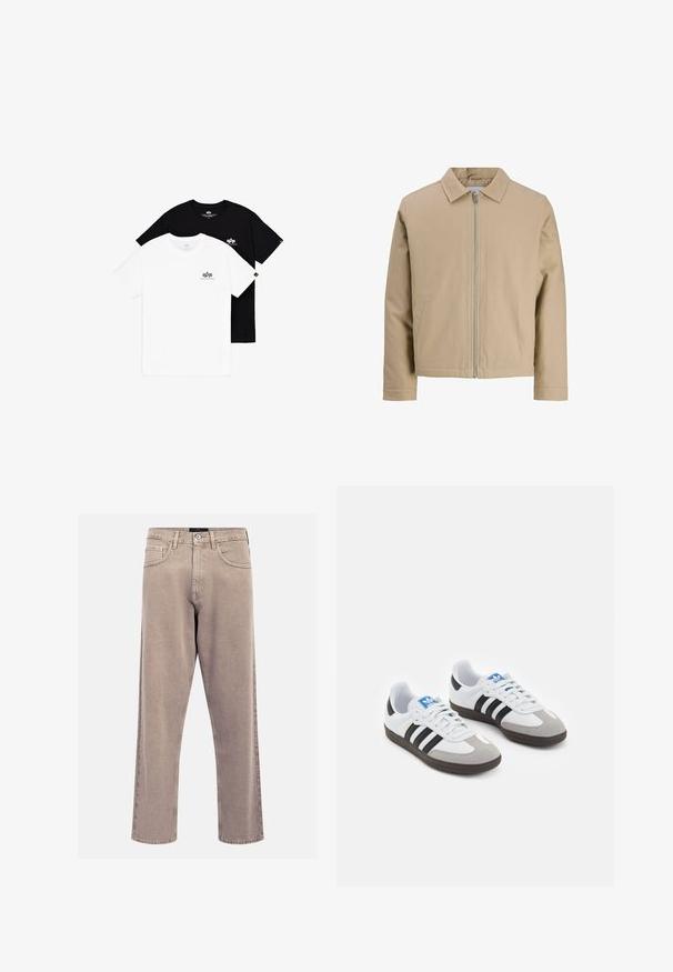 Béžová krátká bunda vyrobená z hladkého materiálu, se stojáčkovým límcem, předním zipem a dvěma bočními kapsami. Jednoduchý design a čisté linie.; Dvé trička s kulatým výstřihem: jedno bílé a jedno černé. Obě mají malé logové akcenty na levé části hrudi. Vyrobeno z jemné bavlněné tkaniny.; Beige džíny rovného střihu vyrobené z denimu, s klasickým designem pěti kapes, prošitými akcenty a čistým zakončením nohavic.; Sportovní boty s bílým koženým svrškem, šedou semišovou špičkou a třemi černými pruhy. Obsahují modré logo na jazyku a texturovanou gumovou podrážku.