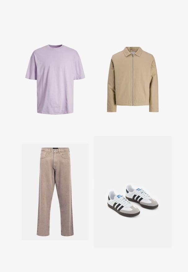 Béžová krátká bunda vyrobená z hladkého materiálu, se stojáčkovým límcem, předním zipem a dvěma bočními kapsami. Jednoduchý design a čisté linie.; Jack & Jones JJEBRADLEY TEE SS O-NECK - Jednoduché tričko - purple rose; Beige džíny rovného střihu vyrobené z denimu, s klasickým designem pěti kapes, prošitými akcenty a čistým zakončením nohavic.; Sportovní boty s bílým koženým svrškem, šedou semišovou špičkou a třemi černými pruhy. Obsahují modré logo na jazyku a texturovanou gumovou podrážku.