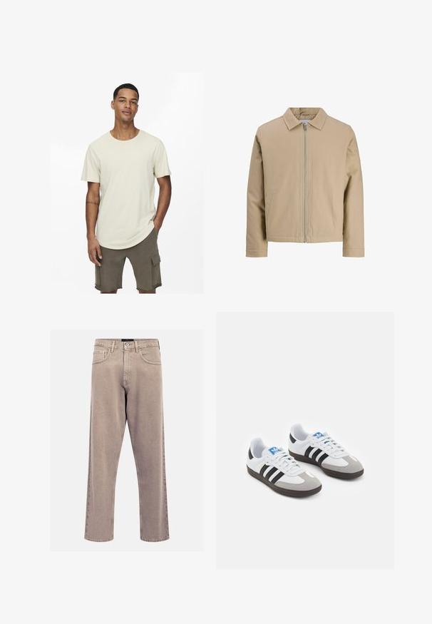 Beżowa krótka kurtka z gładkiego materiału, z kołnierzykiem typu point, zamkiem z przodu oraz dwoma bocznymi kieszeniami. Prosty design i czyste linie.; Beżowa bawełniana koszulka z okrągłym dekoltem, krótkimi rękawami i luźnym krojem. W połączeniu z oliwkowymi szortami cargo z kieszeniami.; Beżowe dżinsy o prostym kroju, wykonane z denimu, z klasycznym pięciopocketowym wzorem, przeszyciami oraz wykończeniem dolnej krawędzi.; Buty sportowe z białą skórzaną cholewką, szarym zamszowym noskiem i trzema czarnymi paskami. Posiadają niebieskie logo na języku oraz teksturowaną gumową podeszwę.
