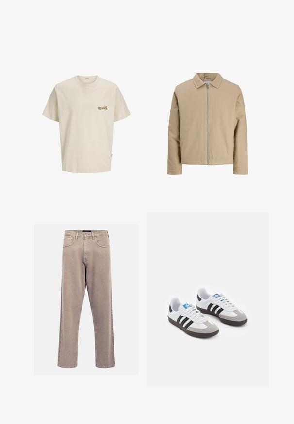 Chaqueta corta beige hecha de tejido suave, con cuello tipo solapa, cierre frontal y dos bolsillos laterales. Diseño simple y líneas limpias.; Camiseta de algodón de color beige claro con mangas cortas, cuello redondo y un logotipo impreso que dice "ORIGINALS ESTABLISHED IN 1900" en el pecho.; Jean rectos de mezclilla en color beige, con un diseño clásico de cinco bolsillos, acentos cosidos y un acabado de dobladillo limpio.; Zapatillas deportivas con parte superior de piel blanca, puntera de ante gris y tres rayas negras. Presentan un logo azul en la lengüeta y una suela de goma texturizada.