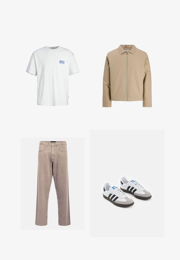 Beige short jacket made of smooth fabric, featuring a point collar, front zip, and two side pockets. Simple design and clean lines.; White cotton t-shirt with a relaxed fit, features blue text "ORIGINALS SINCE 1990" on the left chest, and a woven label on the side.; Beige straight-leg jeans made of denim, featuring a classic five-pocket design, stitched accents, and a clean hem finish.; Sport shoes with a white leather upper, gray suede toe, and three black stripes. Features a blue logo on the tongue and a textured rubber sole.