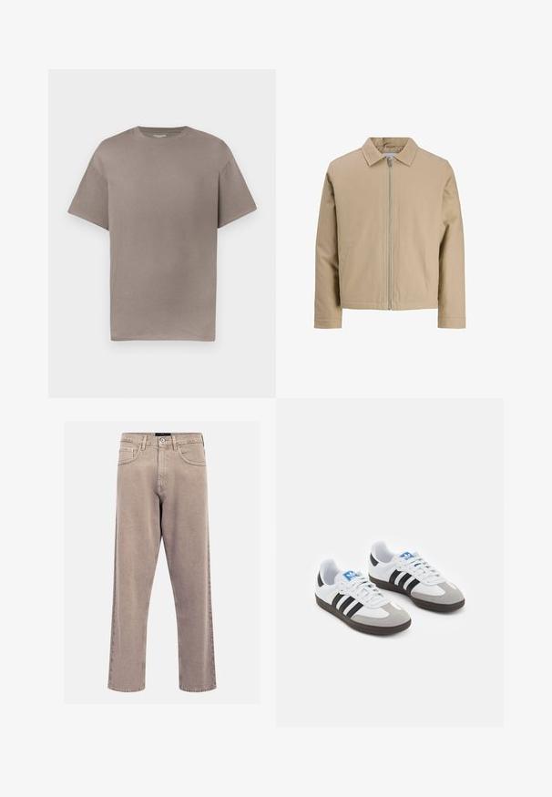 Bež lühike jakk, mis on valmistatud siledast kangast, millel on punktkaelus, esitõmblus ja kaks külgtaskut. Lihtne disain ja puhtad jooned.; Mugav laiem lõikega lühikeste varrukatega T-särk neutraalses taupe värvitoonis, esitlemisel valge tausta ees.; Beezid sirgedega teksased, millel on klassikaline viie tasku disain, õmblusaktsendid ja puhas ääreviimistlus.; Spordijalatsid valge nahkpealsega, halli nubuk-naha otsaga ja kolme musta triibuga. Omab sinist logo keele peal ja struktureeritud kummitalda.