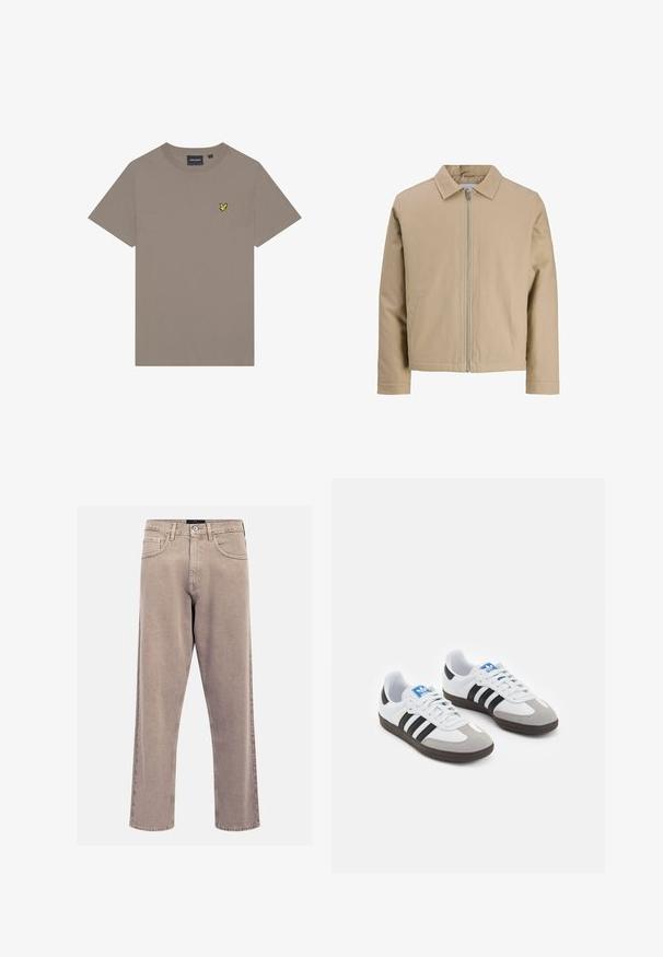 Bežna kratka jakna iz gladkega materiala, z ovratnikom, sprednjim zadrgo in dvema stranskima žepoma. Preprost dizajn in čiste linije.; Bež majica s kratkimi rokavi iz bombaža. Ima majhen rumen vezena logotip na levem prsnem delu. Klasičen kroj z okroglim izrezom.; Bež kavbojke ravnega kroja, izdelane iz denima, s klasičnim dizajnom petih žepov, šivanimi detajli in čistim robom.; Športni čevlji z belim usnjenim zgornjim delom, sivim semišem na prstih in tremi črnimi črtami. Imajo modro logo na jeziku in teksturiran gumijast podplat.