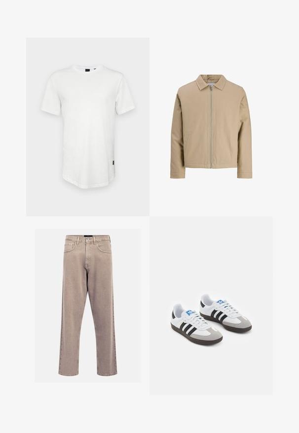 Bež lühike jakk, mis on valmistatud siledast kangast, millel on punktkaelus, esitõmblus ja kaks külgtaskut. Lihtne disain ja puhtad jooned.; Valge lühikeste varrukatega T-särk, mis on valmistatud puuvillast, ümmarguse kaelusega ja veidi pikema seljaga, küljes väike logo aktsent.; Beezid sirgedega teksased, millel on klassikaline viie tasku disain, õmblusaktsendid ja puhas ääreviimistlus.; Spordijalatsid valge nahkpealsega, halli nubuk-naha otsaga ja kolme musta triibuga. Omab sinist logo keele peal ja struktureeritud kummitalda.