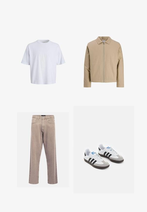 Beżowa krótka kurtka z gładkiego materiału, z kołnierzykiem typu point, zamkiem z przodu oraz dwoma bocznymi kieszeniami. Prosty design i czyste linie.; Biała bawełniana koszulka z okrągłym dekoltem, krótkimi rękawami i luźnym krojem. Gładka tekstura i minimalistyczny design bez widocznych wzorów czy akcentów.; Beżowe dżinsy o prostym kroju, wykonane z denimu, z klasycznym pięciopocketowym wzorem, przeszyciami oraz wykończeniem dolnej krawędzi.; Buty sportowe z białą skórzaną cholewką, szarym zamszowym noskiem i trzema czarnymi paskami. Posiadają niebieskie logo na języku oraz teksturowaną gumową podeszwę.
