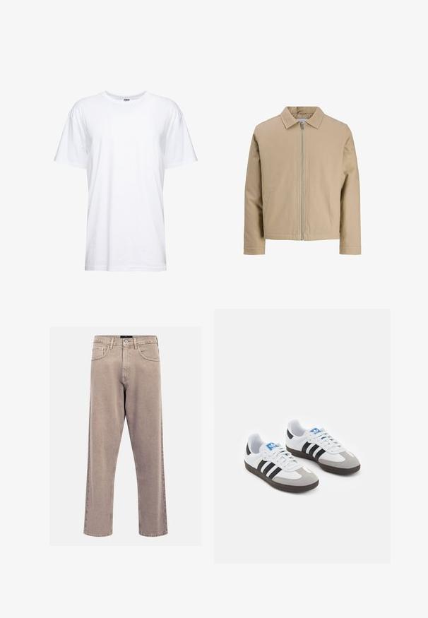 Šviesiai rudas trumpas švarkas, pagamintas iš lygaus audinio, su taškiniu apykakle, priekyje užtrauktuku ir dviem šoninėmis kišenėmis. Paprastas dizainas ir švarios linijos.; Balta medvilninė marškinėliai su apvaliu iškirpimu ir trumpomis rankovėmis. Audinys yra lygus, su laisvu prigludimu, be matomų grafikų ar raštų.; Bežinės tiesių kojų džinsai, pagaminti iš džinsinio audinio, su klasikinio penkių kišenių dizainu, siuvinėjimo akcentais ir tvarkingai apdirptu kraštu.; Sportiniai batai su balta odine viršutine dalimi, pilku zomšiniu priekiu ir trimis juodomis juostelėmis. Ant liežuvio yra mėlynas logotipas, o padas pagamintas iš tekstūruoto gumos.