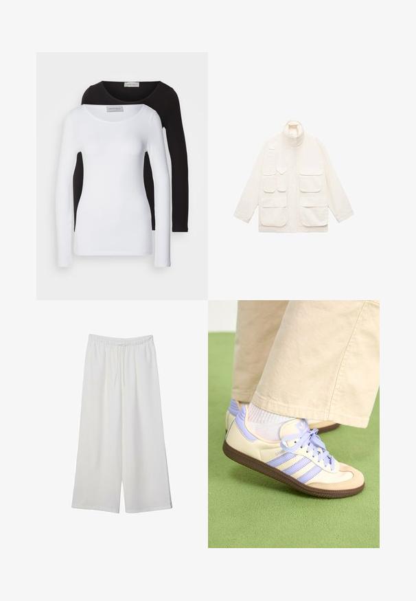 Svijetlosmeđi kaput od pamuka, s visokim ovratnikom, višestrukim prednjim džepovima i opuštenim krojem s dugim rukavima.; Majice dugih rukava od bijelog i crnog pamuka, s okruglim izrezom i prilagođenim dizajnom. Oznaka vidljiva na vratu.; Bijele hlače širokog kroja izrađene od lagane tkanine, s elastičnim pojasom i vezicom za prilagodljivu veličinu. Glatka tekstura.; Kremasto-ljubičaste tenisice s tri pruge i strukturiranim smeškim potplatom, s vezicama i podstavljenim petom. Mekana gornja tkanina.