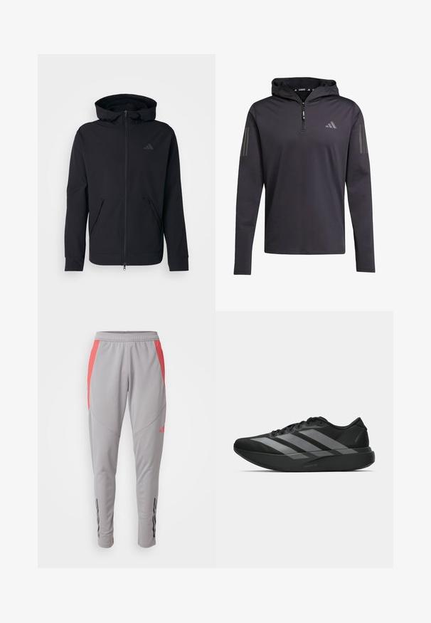 Čierna mikina na zips s hladkou textúrou, nastaviteľnou kapucňou a dvoma prednými vreckami. Obsahuje nenápadné logo na hrudi.; Čierna mikina s kapucňou a dlhým rukávom, so zipsom do polovice, vyrobená z ľahkého materiálu, so štyrmi vertikálnymi sivými pruhmi na každom rukáve.; Sivé športové nohavice s ružovými bočnými akcentmi, úzky strih, elastický pás a čierne zvislé pruhy pri členkoch. Vyrobené z hladkého, elastického materiálu.; Čierne športové topánky s ľahkým dizajnom, obsahujúce tri výrazné šedé pruhy, hladkú textúru a kontúrovanú podrážku.