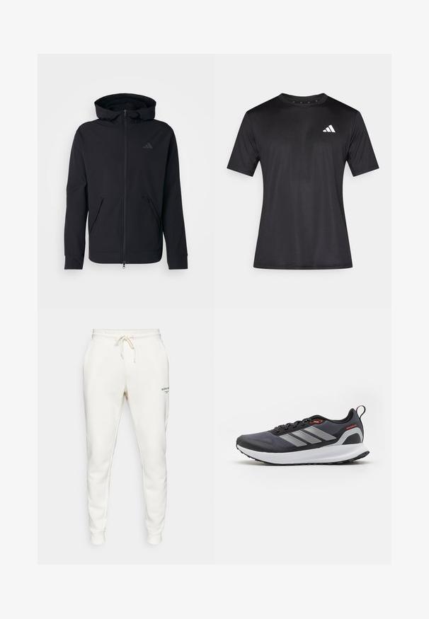 Czarna bluza z kapturem na zamek, o gładkiej fakturze, z regulowanym kapturem i dwiema przednimi kieszeniami. Posiada subtelne logo na klatce piersiowej.; Czarny sportowy t-shirt wykonany z lekkiej siateczkowej tkaniny, z krótkimi rękawami i białym logo na lewej stronie klatki piersiowej.; Björn Borg - Spodnie treningowe; Buty do biegania w kolorze czarnym z szarymi akcentami. Posiadają teksturowaną cholewkę, solidną podeszwę oraz odblaskowe paski. Lekka konstrukcja z amortyzowaną wkładką.