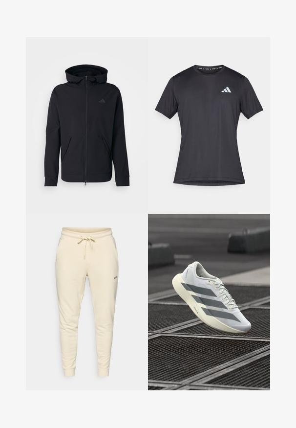 Schwarze Zip-Up-Hoodie mit glatter Textur, verstellbare Kapuze und zwei Fronttaschen. Besitzt ein dezentes Logo auf der Brust.; Schwarzes Athletic-T-Shirt mit kurzen Ärmeln und Rundhalsausschnitt, aus leichtem Stoff gefertigt. Auf der Vorderseite befindet sich ein reflektierendes Adidas-Logo.; Cremfarbene Sweatpants aus weichem Stoff, mit einem elastischen Bund mit Kordelzug, seitlichen Taschen und gerippten Bündchen.; Weißer Sportschuh mit einer strukturierten Mesh-Oberfläche, grauen Streifen und einer gepolsterten Sohle. Leichtes Design, geeignet zum Laufen.