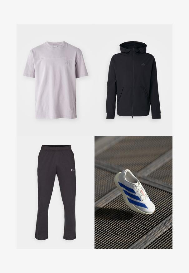 Černá mikina na zip s hladkým povrchem, nastavitelnou kapucí a dvěma předními kapsami. Na hrudi je umístěno jemné logo.; Tričko s krátkým rukávem v levandulové barvě vyrobené z bavlny, s kulatým výstřihem a decentním logem na hrudi. Hedvábná textura, uvolněný střih.; Černé tepláky s elastickým pasem, které mají malé bílé logo na levém stehně a rovný střih nohavic. Měkká směsová bavlna.; Bílé sportovní boty s modrými pruhy, lehký design, síťovina na svršku, klasicické šněrování a textura gumové podrážky, levitující nad mřížkovým povrchem.