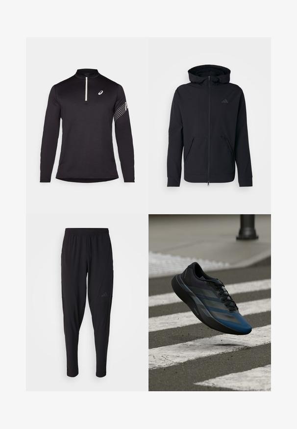Felpa nera con zip, dal tessuto morbido, cappuccio regolabile e due tasche frontali. Presenta un logo discreto sul petto.; Maglietta nera a maniche lunghe con colletto a mezza zip, tessuto testurizzato e un logo bianco a contrasto sul petto, con un motivo a pois sulla manica.; Pantaloni sportivi neri con vita elastica, design affusolato, tasche laterali e dettagli logo discreti. Realizzati in tessuto flessibile e traspirante.; Scarpa sportiva nera e blu con un design aerodinamico, presenta una tomaia testurizzata, strisce a contrasto e una suola ammortizzata, sospesa sopra l'asfalto.