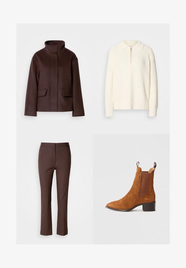 Brun, uldblandet jakke med høj krave, struktureret design, lynlås foran og to sidelommer. Rene linjer og minimalistisk stil.; Hvid strikpullover med et tekstureret mønster, halv lynlås og ribbede manchetter og krave. Materialet ser blødt og hyggeligt ud.; Brune skræddersyede bukser med smal pasform, der har flad front, subtile sidelommer og et glat, let strækbart stof.; Brune ruskindsankelstøvle med spids tå, elastiske sidepaneler og en lav blokhæl. Har trækflapper for nem påtagning.
