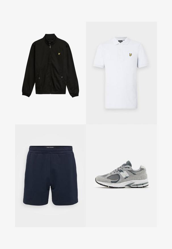 Chaqueta negra de nailon con cremallera, cuello alto, puños elásticos, dos bolsillos frontales y un pequeño logo amarillo en el pecho.; Polo blanco hecho de algodón. Cuenta con un cuello, tres botones y un logo bordado amarillo en el lado izquierdo del pecho. Mangas cortas.; Pantalones cortos de algodón color azul marino con cintura elástica, que cuentan con una textura suave y dobladillos cosidos. Pequeño logotipo de la marca en el lateral.; Zapatilla gris con materiales de malla y gamuza, que presenta un logo blanco, un cuello acolchado y una suela de goma texturizada. Detalles en un gris más oscuro.