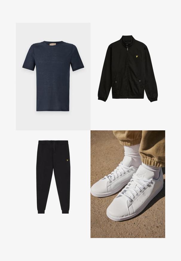 Svart nylon zip-jacka med hög krage, elastiska cuffs, två framfickor och en liten gul logotyp på bröstet.; Marinblå kortärmad t-shirt med rund hals, tillverkad av ett lätt, något genomskinligt tyg på en vit bakgrund.; Svarta joggerbyxor med elastisk midjeresår och dragsko, avsmalnande ben med mudd, och liten gul broderad logga på höger lår.; Vita lädersneakers med en slät yta, med en klassisk snörningsdesign, perforeringar för andningsförmåga och en texturerad gummisula.