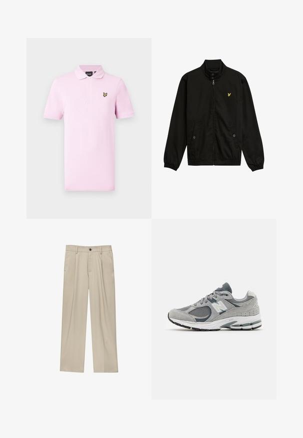 Črna najlon jakna z zadrgo in visokim ovratnikom, elastičnimi manšetami, dvema sprednjima žepoma ter majhnim rumenim logotipom na prsih.; Svetlo roza polo majica iz bombaža, z klasičnim ovratnikom, trirazporejeno gumbno zaponko, kratkimi rokavi in majhnim vezenim logotipom na prsih.; Bež hlače ravnega kroja, z enim črnim gumbom, zanke za pas in stranskimi žepi. Gladka tekstura tkanine in minimalističen dizajn.; Sive češnje z mrežastim in usnjenim materialom, ki imajo belo logotip, oblazinjen ovratnik in teksturiran gumijast podplat. Akcenti v temnejši sivi barvi.