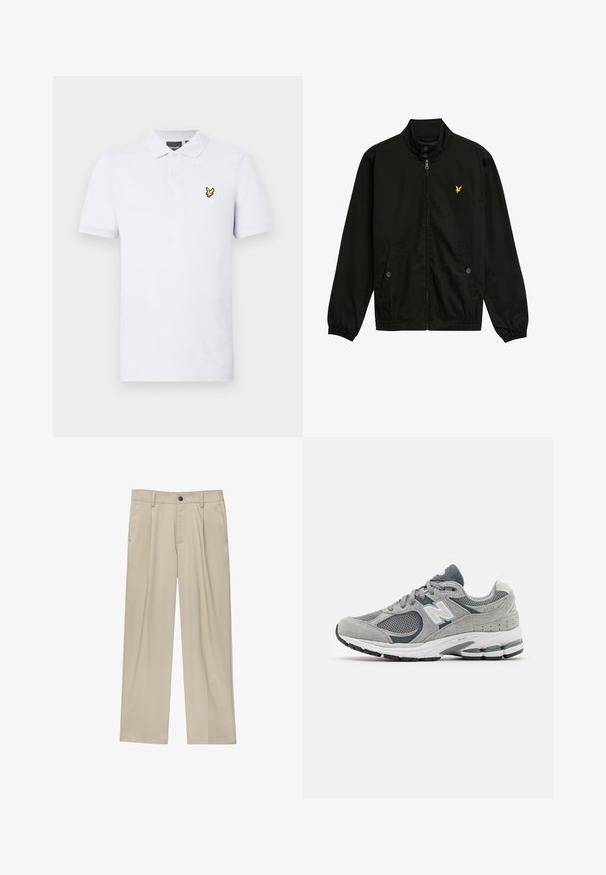 Schwarze Nylon-Reißverschlussjacke mit hohem Kragen, elastischen Bündchen, zwei Fronttaschen und einem kleinen gelben Logo auf der Brust.; Weißes Poloshirt aus Baumwolle. Mit Kragen, drei Knöpfen und einem gelben, gestickten Logo auf der linken Brust. Kurzärmlig.; Beige Hosen mit geradem Schnitt, ausgestattet mit einem einzelnen schwarzen Knopf, Gürtelschlaufen und Seitentaschen. Glatte Stofftextur und minimalistisches Design.; Graue Sneakers aus Mesh- und Wildledermaterialien, mit einem weißen Logo, gepolsterter Knöchelpartie und strukturiertem Gummisohle. Akzente in dunklerem Grau.