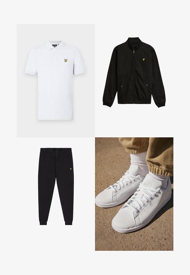 Jachetă neagră din nylon cu fermoar, cu guler înalt, manșete elastice, două buzunare frontale și un mic logo galben pe piept.; Polo alb din bumbac. Prezintă un guler, trei butoane și un logo brodat galben pe pieptul stâng. Mâneci scurte.; Pantaloni jogger negri cu talie elastică și șnur, picioare conice cu manșete și un mic logo brodat galben pe coapsa dreaptă.; Adidași din piele albă cu o suprafață netedă, având un design clasic cu șireturi, perforații pentru ventilație și o talpă exterioară din cauciuc texturat.