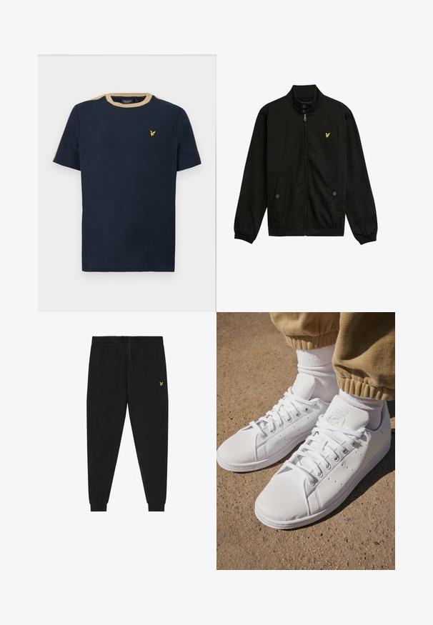 Čierna nylonová bunda na zip s vysokým golierom, elastickými manžetami, dvoma prednými vreckami a malým žltým logom na prsiach.; Námornícky modré tričko vyrobené z bavlny s okrúhlym výstrihom a krátkymi rukávmi. Obsahuje béžový lem a malé zlaté vyšívané logo.; Čierne jogger nohavice s elastickým pásom a šnúrkou, zúžené nohavice so lemami a malým žltým vyšívaným logom na pravom stehne.; Biele kožené tenisky s hladkým povrchom, disponujú klasickým šnurovacím dizajnom, perforáciami na priedušnosť a textúrovanou gumovou podrážkou.