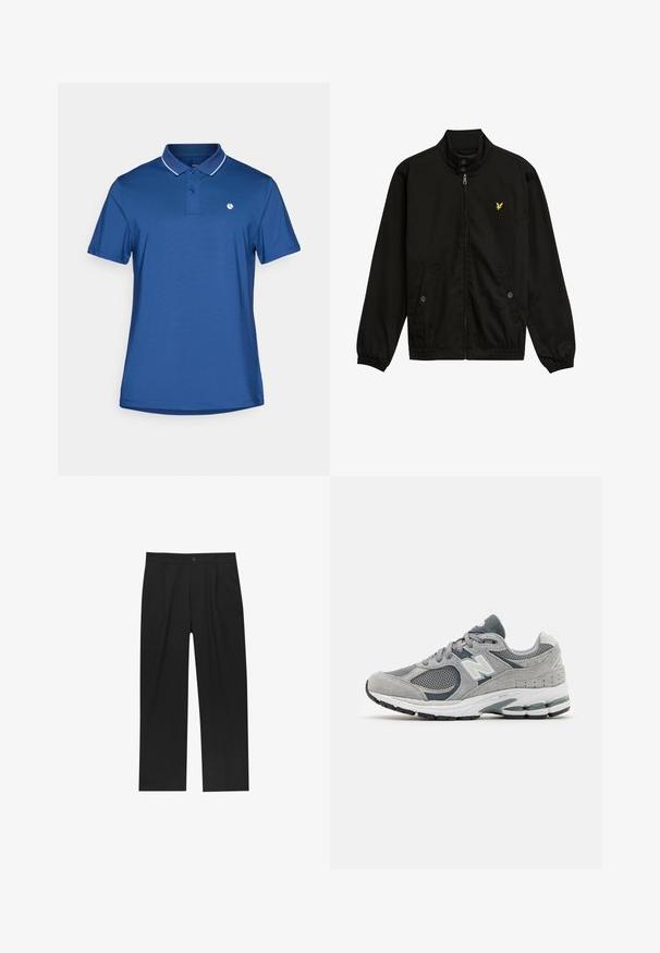 Fekete nejlon zipzáros dzseki magas gallérral, elasztikus mandzsettákkal, két elülső zsebbel és egy kis sárga logóval a mellkason.; Kék polo póló sima anyagból, két gombos záródással, fehér díszvarrással a galléron, és egy kis logóval a mellkason.; Fekete nadrág egyenes szárú kialakítással, sima anyagból készült. Elöl redők és egy gombos záródás található a derékon.; Szürke sneaker hálós és velúr anyagból, fehér logóval, párnázott bokarésszel és texturált gumitalppal. Sötétebb szürke kiegészítők.