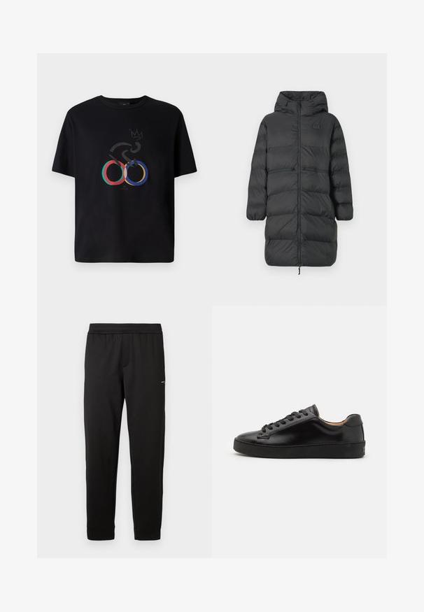 Crna duga zimska jakna s kapuljačom, elastičnim rukavima, prednjim zatvaračem i dva horizontalna džepa sa zatvaračem na struku, sa malim EA7 logom na prsima.; Tamnozelena i bijela prugasta dukserica dugih rukava s oznakom "Italy EA7" na prsima i malom EA7 oznakom na manžetama.; Crna majica s grafičkim dizajnom koji prikazuje šarene olimpijske prstenove, apstraktnu siluetu bicikla i motiv krune. Pamuk.; Crne trenirke s elastičnim pojasom, uskog tapered kroja i malim logom na gornjem butu, prikazane na bijeloj pozadini.; Crne kožne tenisice s glatkom završnom obradom, okruglim vrhom i crnim vezicama. Imaju minimalno brendiranje na peti i gumeni potplat.