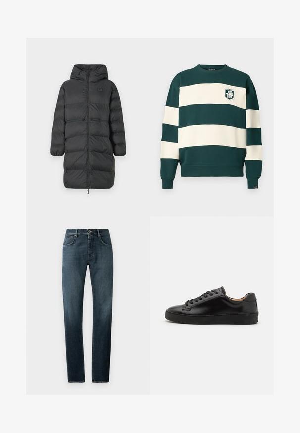 Fekete, hosszú puffernadrág kapucnival, rugalmas mandzsettákkal, elülső cipzárral és két vízszintes cipzáros zsebbel a deréknál, mellkason egy kis EA7 logóval.; Sötétzöld és fehér csíkos, hosszú ujjú pulóver, az elején "Italy EA7" felirattal, a mandzsettán pedig egy kis EA7 címke található.; Sötét farmernadrág egyenes szabással, klasszikus öt zsebes kialakítással, kontrasztos varrással és finom elhalványult hatással a comboknál.; Fekete bőr sneaker sima felülettel, kerek orral és fekete fűzőkkel. Minimalista logó található a sarokon, valamint gumitalpa van.