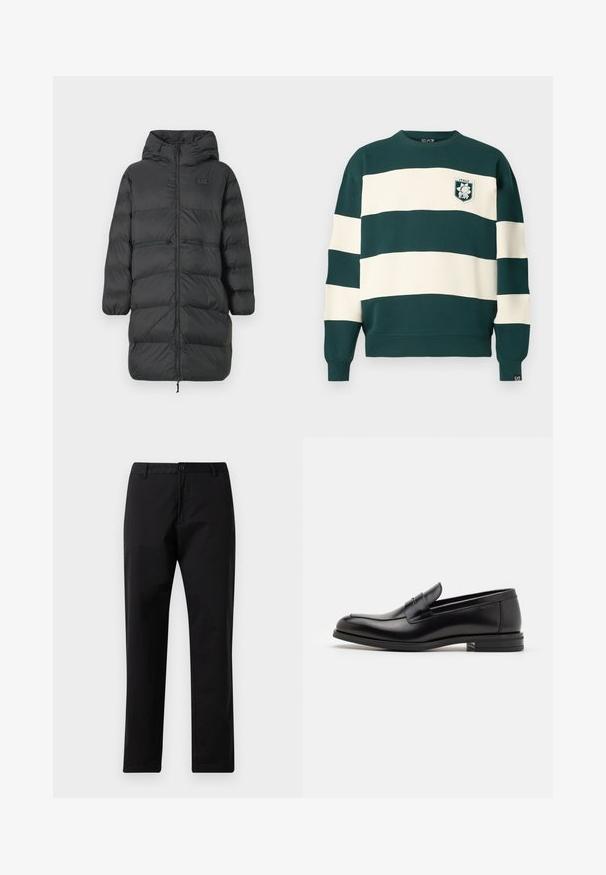Musthave pikk mantel kapuutsiga, elastsete mansettidega, esise õmblusega ja kahe horisontaalse tõmblukuga taskuga vööl, esiküljel väike EA7 logo.; Tume roheline ja valge triibuline pika varrukaga sviiter, millel on rindkerel "Italy EA7" märk ja väikene EA7 silt varruka otsas.; Mustad sirged džinsid, millel on nupp ja lukuga kinni panemine, vöökohad ja eesmine taskud, esitatud valgel taustal.; Mustad mustad nahast loafers sileda tekstuuriga, ümarat ninaosa ja dekoratiivne riba vampi üle. Madal kihiline konts, minimalistlik disain.