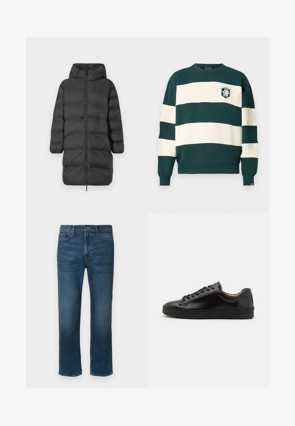 Crna duga zimska jakna s kapuljačom, elastičnim rukavima, prednjim zatvaračem i dva horizontalna džepa sa zatvaračem na struku, sa malim EA7 logom na prsima.; Tamnozelena i bijela prugasta dukserica dugih rukava s oznakom "Italy EA7" na prsima i malom EA7 oznakom na manžetama.; Tamno plave traperice s ravnim krojem, koje imaju pet džepova i suptilne narančaste šavove. Materijal ima blago teksturiranu završnu obradu.; Crne kožne tenisice s glatkom završnom obradom, okruglim vrhom i crnim vezicama. Imaju minimalno brendiranje na peti i gumeni potplat.