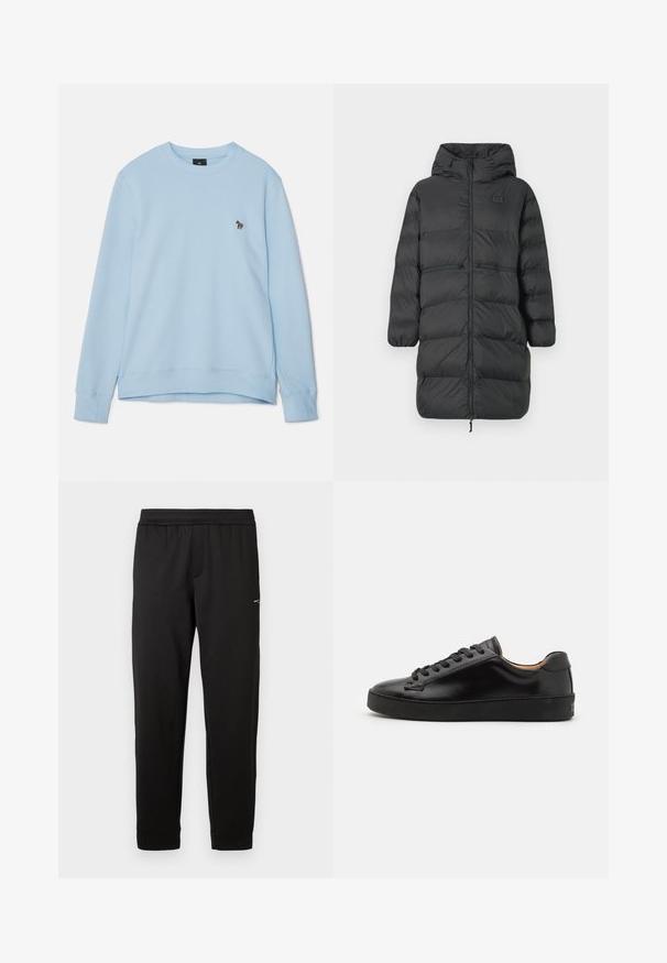 Crna duga zimska jakna s kapuljačom, elastičnim rukavima, prednjim zatvaračem i dva horizontalna džepa sa zatvaračem na struku, sa malim EA7 logom na prsima.; Svijetloplava dukserica s okruglim izrezom i rebrastim manžetama. Sadrži mali izvezeni dizajn na prsima. Mekana tekstura tkanine.; Crne trenirke s elastičnim pojasom, uskog tapered kroja i malim logom na gornjem butu, prikazane na bijeloj pozadini.; Crne kožne tenisice s glatkom završnom obradom, okruglim vrhom i crnim vezicama. Imaju minimalno brendiranje na peti i gumeni potplat.