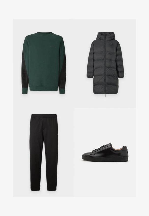 Musthave pikk mantel kapuutsiga, elastsete mansettidega, esise õmblusega ja kahe horisontaalse tõmblukuga taskuga vööl, esiküljel väike EA7 logo.; Roheline dressipluus ümmarguse kaelusega, mustade külgpanelitega ja rinnal musta värvi nõrk logo detail. Pehme, tekstureeritud kangas.; Mustade elastse vööga dressipüksid kitsaste jalgevahedega ja väikese logo ülemisel reiel, esitatud valgel taustal.; Must värvi nahast spordikingad sileda viimistlusega, ümmarguse varbaga ja mustade paeltega. Omab minimaalset brändimist kontsapooles ja kummist tallat.