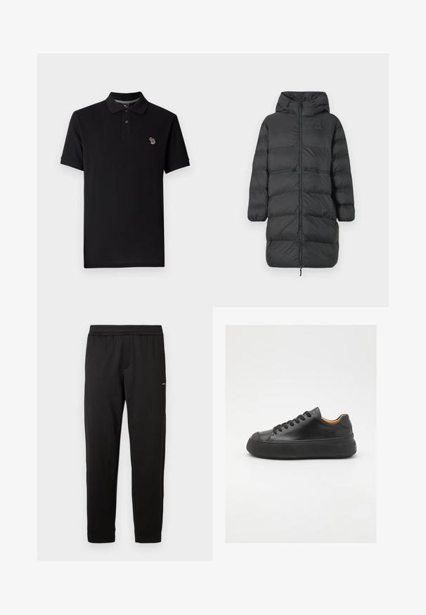 Črn dolg puhasti plašč s kapuco, elastičnimi manžetami, sprednjim zadrgo in dvema horizontalnima zadrgama na pasu, z majhnim logotipom EA7 na prsih.; Črna polo majica iz bombaža s klasičnim dizajnom, ki ima ovratnik z dvema gumboma in majhen pisan logotip slona na prsih.; Črne elastične hlače s slim prilegom in majhnim logotipom na zgornjem stegnu, prikazane na beli podlagi.; Črne usnjene superge z okroglo konico, vezalnim sprednjim delom, gladko teksturo, debelim gumijastim podplatom in kontrastno rjavim notranjim delom.