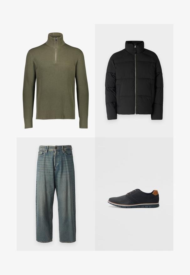 Juodas pūkuotas švarkas su aukštu apykakle, priekiniais užtrauktukais ir pagalvotomis dalimis. Pagamintas iš lygaus, šilumą izoliuojančio medžiagos.; Alyvuogių žalia juostuota megztinė su aukštu apykakle ir ketvirčio užtrauktuku. Rekomenduojama ilgomis rankovėmis ir tekstūruotu paviršiumi.; Šviesiai mėlyni džinsai su laisvu siluetu, vidutinio aukščio juosmeniu ir tiesiomis kojomis. Su penkiais kišenėmis, diržo kilpo ir mygtukų uždarymu.; Juodi sintetiniai batai su tekstūruotu paviršiumi, lygiomis detalėmis, ruda kulna ir kontrastingu padu. Yra minimalus raištelių užsidėjimas ir siuvimo detalės.