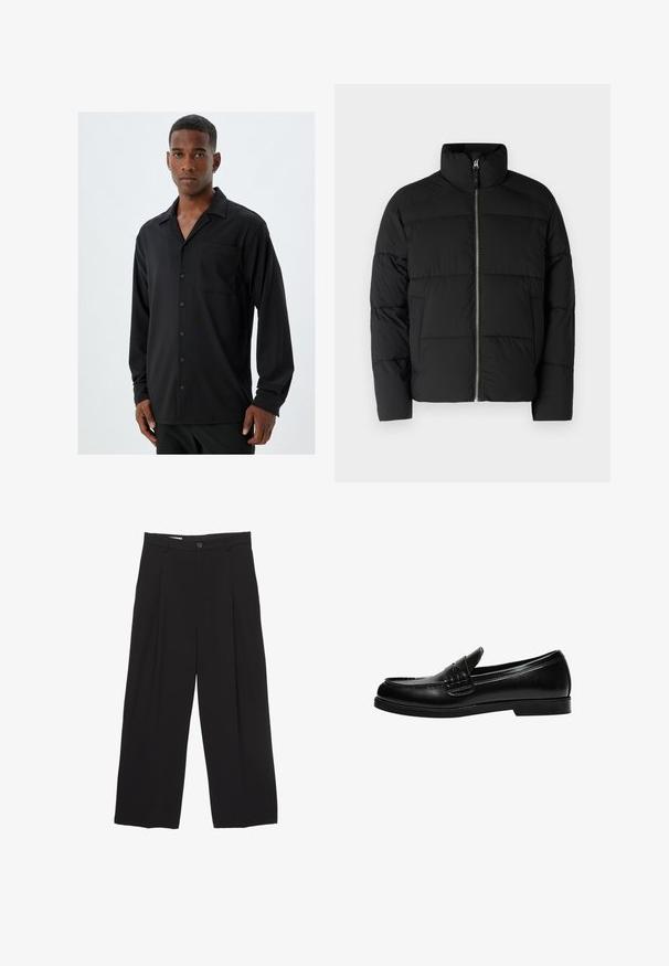 Schwarze Daunenjacke mit hohem Kragen, Frontreißverschluss und gesteppten Bereichen. Hergestellt aus einem glatten, isolierten Material.; Schwarzes Langarmhemd mit eingeschnittenem Kragen, Brusttasche und Knopfverschluss; glattes Material mit subtiler Textur.; Schwarze weit geschnittene Hose aus glattem Stoff, mit flachem Taillenbund, vorderen Falten und einer einzigen Knopfverschlus.; Schwarze Lederloafer mit glatter Oberfläche, ausgestattet mit einer Nahtverzierung an der Vorderkappe und einer niedrigen, durchgehenden Gummisohle in Schwarz.