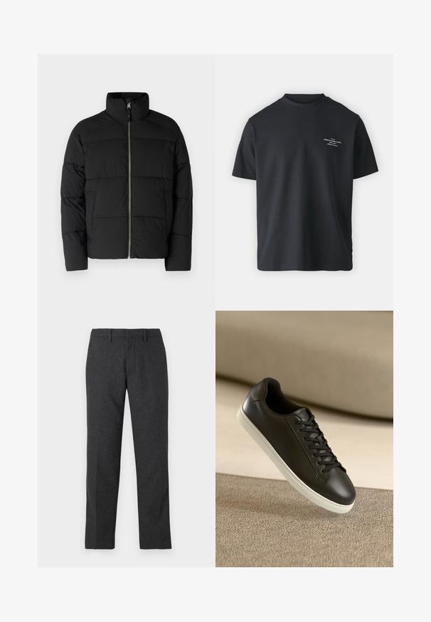 Melns pūkains mētelis ar augstu apkakli, priekšējo rāvējslēdzēju un paklājotiem posmiem. Izgatavots no gludas, izolējošas materiales.; Melna kokvilnas T-krekls ar apaļu kakla izgriezumu, īsām piedurknēm un nelielu baltu tekstu uz priekšpuses, ar brīvu piegriezumu un gludu tekstūru.; Tumši pelēki pielāgoti bikses ar gludu tekstūru, taisnām kājām, priekšējiem kabatām un jostu cilpām, lai pielāgotu fit.; Melnas ādas sporta kurpes ar baltu gumijas zoli un melnām auklām, novietotas uz bēša auduma virsmas un fona.