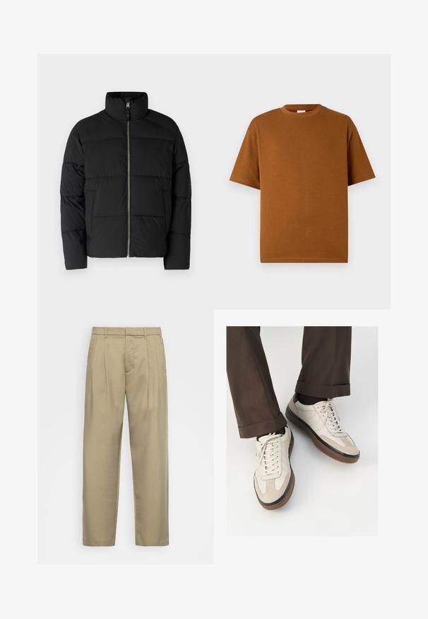 Schwarze Daunenjacke mit hohem Kragen, Frontreißverschluss und gesteppten Bereichen. Hergestellt aus einem glatten, isolierten Material.; Braunes Kurzarm-T-Shirt aus weichem Stoff, mit rundem Halsausschnitt und lässiger Passform sowie geradem Saum. Keine sichtbaren Muster oder Akzente.; Beige, hochgeschnittene Hose mit geradem Schnitt, flachem Bund, Seitentaschen und einem glatten, strukturierten Stoff.; Beige Sneakers mit einer strukturierten Wildlederfront, glatten Lederseiten und einer braunen Gummisohle. Bändel und helle Nähdetails sind enthalten.