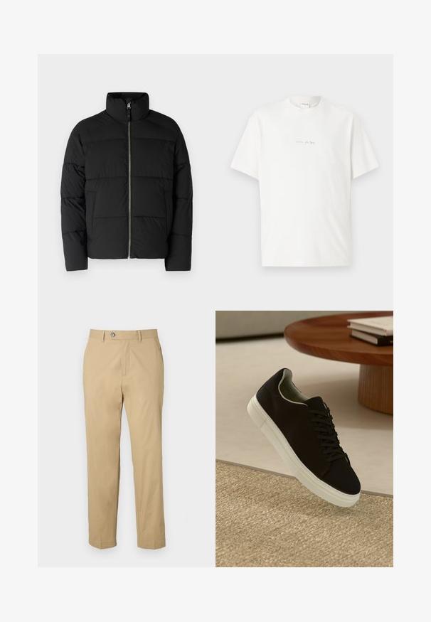 Juodas pūkuotas švarkas su aukštu apykakle, priekiniais užtrauktukais ir pagalvotomis dalimis. Pagamintas iš lygaus, šilumą izoliuojančio medžiagos.; Balta medvilnės marškinėliai su apvalia kaklo iškirpte, trumpomis rankovėmis ir mažu atspaudu priekyje. Lygus audinys ir laisvas siluetas.; Šviesiai rudos, medvilnės ir sintetinių pluoštų kelnės su tiesiu kirpimu, priekinėmis kišenėmis ir mygtuko uždarymu. Sklandus paviršius ir suknelės apvadai.; Juodas sportinis batelis su baltu padu, lekiančius virš smėlio spalvos tekstūruoto kilimo šalia apvalaus medinio stalo su sukrautomis knygomis.