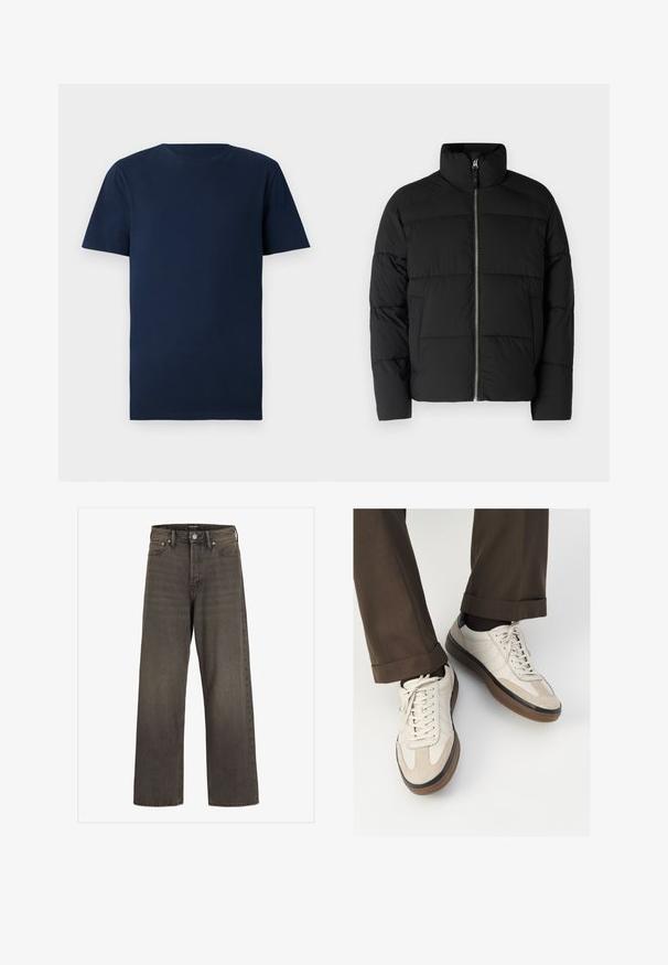 Musthave musta puffer-jakk, millel on kõrge krae, ees pikk tõmblukk ja põkkhõbedat. Valmistatud siledast, isoleeritud materjalist.; Tumedat sinise puuvillane T-särk lühikeste varrukatega, ringkaelusega ja tavalise lõikega. Sile tekstuur, ilma mustrite ja nähtava riistvarata.; Laia säärtega sinimustad teksad tumeda halli denimi, kõrge talje, klassikalise viie tasku disaini ning kontrastsete õmblustega õmblustel.; Bežid spordijalised, millel on tekstuuriga suede esiosa, siledast nahast küljed ja pruun kummitald. Lisatud on paelad ja heledad õmbluse detailid.