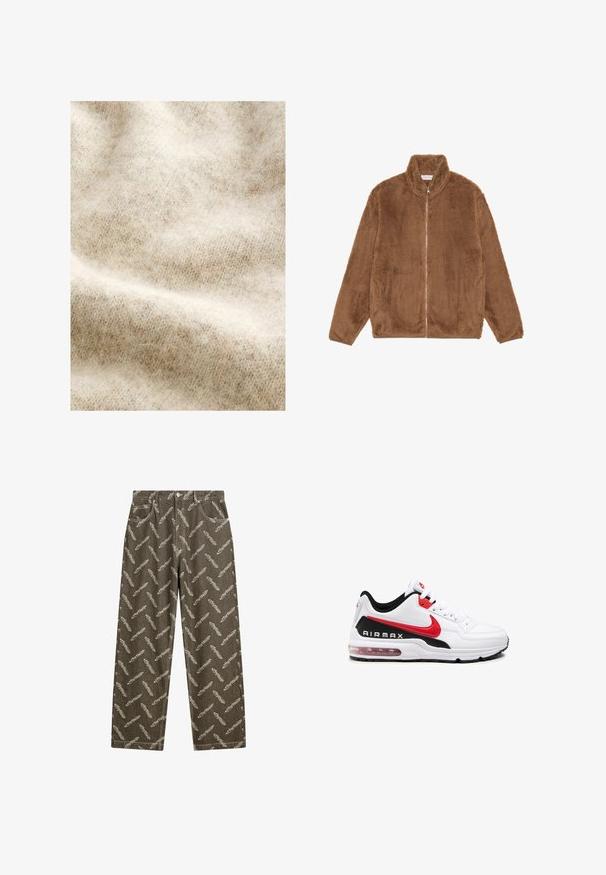 Brown, fluffy fleece jacket with a high collar, front zipper, and side pockets. Soft texture; relaxed fit; minimalistic design.; Light beige wool fabric with a soft, fuzzy texture, featuring a subtle herringbone pattern and slight color variations throughout.; Khaki denim pants featuring an all-over feather pattern in light beige. Loose fit with standard pockets and contrast stitching details.; White athletic shoe with black and red accents, featuring a smooth leather upper, lace-up front, and visible air cushioning in the sole.