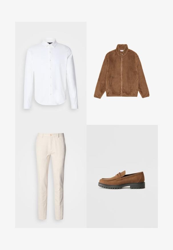 Rudas, pūkuotų vilnos striukė su aukštu apykakle, priekiniais užtrauktukais ir šoniniais kišenėmis. Minkšta tekstūra; laisvas siluetas; minimalistiškas dizainas.; balta ilgomis rankovėmis marškiniai, pagaminti iš medvilnės mišinio, su klasikine apykakle, priekiniu mygtukų užsegimu, apvalia apačia ir lygiu paviršiumi.; Šviesiai beige spalvos, prigludę kelnių modeliai, pagaminti iš minkštos medžiagos. Turi mygtuko užsegimą, diržo kilpas ir ploną, tiesią kojų liniją su minimaliu tekstūros akcentu.; Rudos zomšos loafer'iai su apvaliu pirštu ir žemu juodu guminio pado, su dekoratyviniu dirželiu ir siuvinėjimo detalėmis ant viršaus.