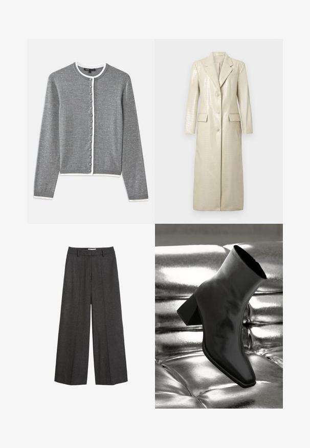 Dlhý kabát z imitácie kože s krokodílim vzorom, svetlo béžovej farby, s klopami, dvoma prednými vreckami a zapínaním na gombíky. Hladká, lesklá textúra.; Sivý kardigán s bielym lemovaním, s okrúhlymi gombíkmi, svetlým textúrovaným vzorom a dlhými rukávmi, vyrobený z jemného pleteného materiálu.; Biele saténové bezrukávové tielko s kruhovým výstrihom a hladkým povrchom, s jemným leskom a čistými okrajmi.; Široké nohavice v tmavošedej tkanine. Obsahujú priliehavý pás so slučkami na opasok, hladkú textúru a minimálne vyšívané detaily.; Čierne členkové topánky vyrobené z lesklého materiálu so štvorcovou špičkou a zúženým podpätkom, na lesklom striebornom podklade s vystuženým vzorom.