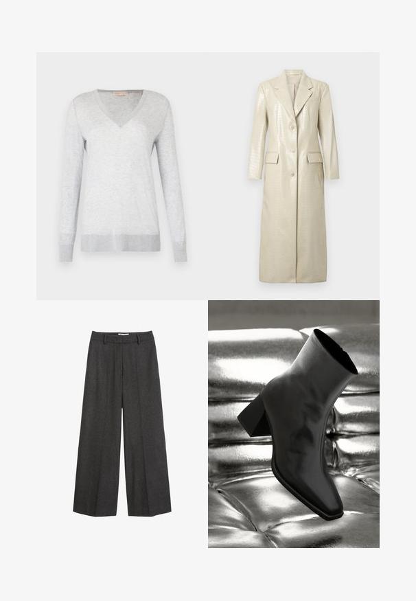 Krokodilli mustriga kunstnahast pikk mantel, helebeez, nööpide ja kahe esipocketiga, millel on nurgatangid. Sile ja läikiv tekstuur.; Helehall pikka varrukaga sviiter V-kaelusega, pehme tekstuuriga ning soonikkoes mansettide ja alläärega. Kanga sees on tagasihoidlik melange muster.; Tumed hallid laiad püksid. Neil on kohandatud vöökoht koos vöörihmadega, sile/textuur ja minimaalne õmblusdetailide rõhutamine.; Must musta narmand, läikiva materjali ja ruudukujulise varbaga ning kitseneva kontsaga, paigutatud läikiva hõbedaselt tuftitud tausta ette.