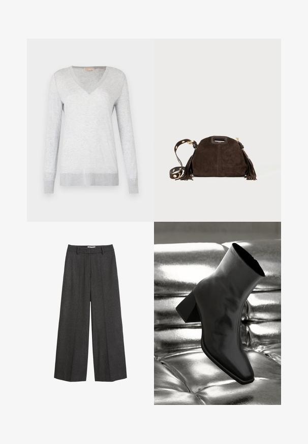 Palton lung din piele ecologică cu model de crocodil, bej deschis, cu rever decupat, două buzunare frontale și închidere cu buton. Textură netedă și lucioasă.; Pulover lung cu mânecă lungă de culoare gri deschis, cu decolteu în V, textură moale și tivuri și manșete ribb. Un model discret de heather pe întreaga țesătură.; Pantaloni cu picioare largi dintr-un material gri închis. Prezentă un brâu ajustat cu bucle pentru curea, textură netedă și accente de cusătură minime.; Cizme negre până la gleznă, realizate dintr-un material lucios, cu vârf pătrat și toc conic, plasate pe un fundal strălucitor de argint, cu un model tuftat.; Geantă de mână din suede maro, cu o formă rotundă, franjuri decorative, curea detașabilă cu accesorii aurii și un mâner de sus.