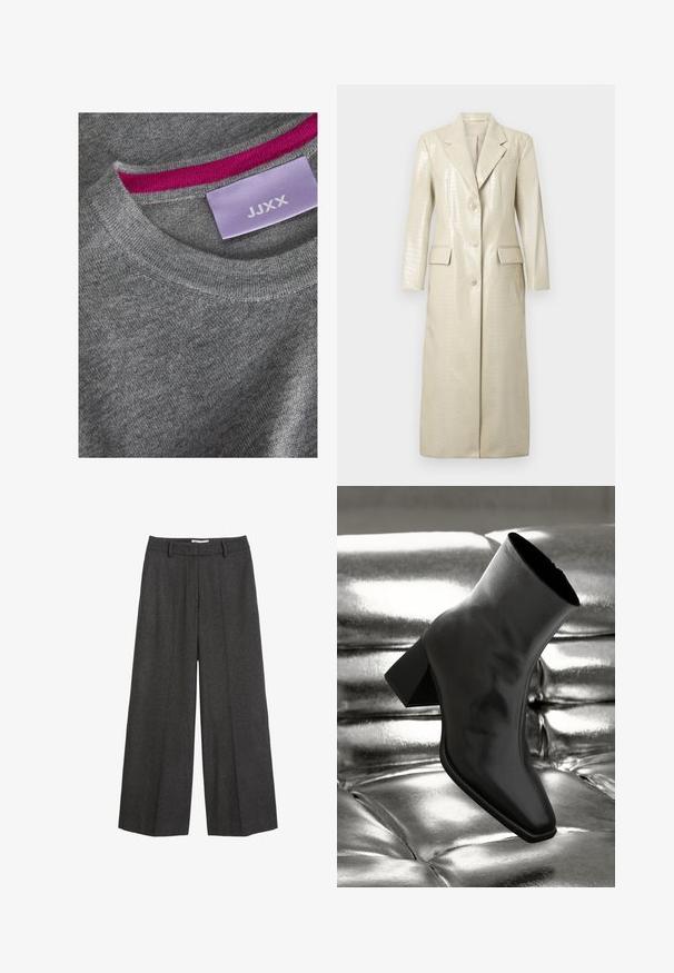 Krokodilli mustriga kunstnahast pikk mantel, helebeez, nööpide ja kahe esipocketiga, millel on nurgatangid. Sile ja läikiv tekstuur.; Hallide halli kampsun ribaga ümarate kaelustega. Roosa sisekaela aktsent. Silt on nähtav, millel on "JJXX" helesinise taustaga.; Valge satiinist õlapaeltega T-särk, millel on ümmargune kaelus ja sile tekstuur, kerge sära ning puhtad servad.; Tumed hallid laiad püksid. Neil on kohandatud vöökoht koos vöörihmadega, sile/textuur ja minimaalne õmblusdetailide rõhutamine.; Must musta narmand, läikiva materjali ja ruudukujulise varbaga ning kitseneva kontsaga, paigutatud läikiva hõbedaselt tuftitud tausta ette.