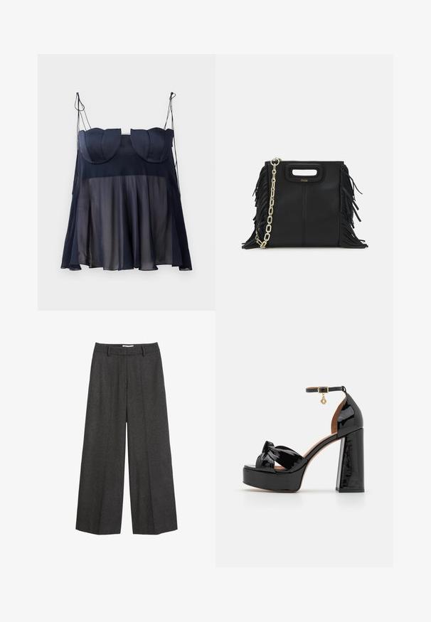 Krokodil mintás műbőr hosszú kabát, világos bézs színben, visszahajtott gallérral, két elülső zsebbel és gombos záródással. Simább, fényes textúra.; Sötétkék, ujjatlan felső, rétegelt kialakítással, puha, áttetsző alsó résszel és ívelt díszítéssel rendelkező, formázott felső résszel. Állítható pántokkal.; Sötét szürke anyagú, széles lábú nadrág. Testre szabott derékpánttal rendelkezik, övhurkokkal, sima textúrával és minimális varrási díszítésekkel.; Maje Magas sarkú szandálok - noir; Fekete bőr kézitáska, frufrus részletekkel, arany láncos vállpánttal és kivágott fogantyúval. Az elülső részen logó található.