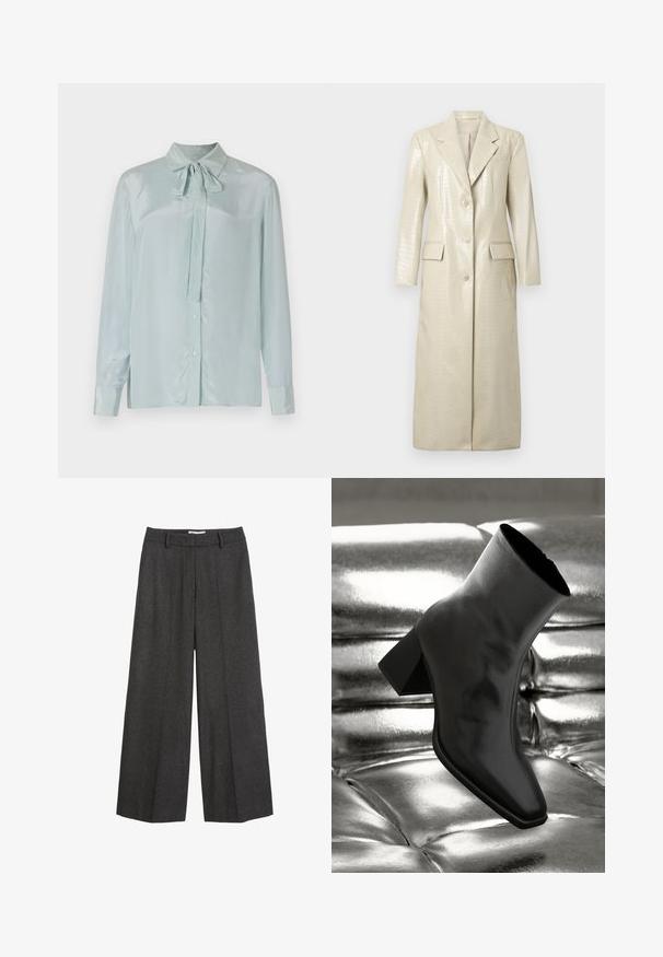 Krokodil mintás műbőr hosszú kabát, világos bézs színben, visszahajtott gallérral, két elülső zsebbel és gombos záródással. Simább, fényes textúra.; Világoskék selyem blúz gallérral és megkötött masni részlettel. Hosszú ujjak, gombos mandzsetták és gombolható elülső rész jellemzi.; Sötét szürke anyagú, széles lábú nadrág. Testre szabott derékpánttal rendelkezik, övhurkokkal, sima textúrával és minimális varrási díszítésekkel.; Fekete bokacsizma fényes anyagból, négyzetes orral és szűkített sarkú, egy csillogó ezüst kárpitozott háttér előtt.