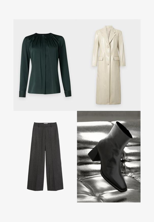 Płaszcz długi z imitacji skóry w wzór krokodyla, jasnobeżowy, z klapami, dwoma przednimi kieszeniami i zapięciem na guziki. Gładka, błyszcząca tekstura.; Ciemnozielona bluzka z długim rękawem, wykonana z gładkiego materiału, z okrągłym dekoltem, plisowanym przodem i guzikami przy mankietach, co nadaje jej zorganizowany wygląd.; Spodnie o szerokich nogawkach w ciemnoszarym kolorze. Posiadają dopasowany pasek w talii z szlufkami, gładką fakturę oraz minimalistyczne akcenty w postaci szwów.; Czarne botki za kostkę wykonane z błyszczącego materiału, z kwadratowym noskiem i zwężającym się obcasem, na tle błyszczącego srebrnego tapicerowanego tła.