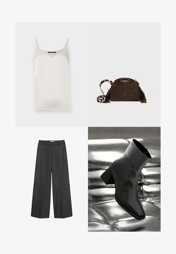 Pitkä takki, jossa on krokotiilikuosisella tekonahalla, vaaleanbeige, notched-lapels, kaksi etutaskua ja nappikiinnitys. Pehmeä, kiiltävä pinta.; Valkoinen satiininen toppi ohuilla säädettävillä olkaimilla, aaltoilevalla kaula-aukolla ja sileällä pinnalla. Yksinkertainen muotoilu, sopii kerroksittain käyttöön.; Hyviä leveälahkeisia housuja tummanharmaasta kankaasta. Varustettu räätälöidyllä vyötärökaistalla, jossa on vyölenkit, sileä tekstuuri ja minimaalinen ommelkorostus.; Musta nilkkuri, joka on valmistettu kiiltävästä materiaalista, jossa on neliömäinen kärki ja kapeahko kanta, asetettuna kiiltävän hopean tuftatun taustan eteen.; Ruskea mokkasuhteinen käsilaukku, jossa on pyöreä muoto, koristeelliset nyörit, irrotettava hihna, jossa on kultainen metalliosuus, sekä yläkahva.