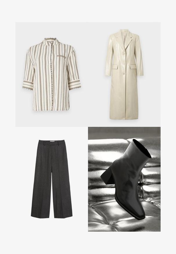 Krokodilli mustriga kunstnahast pikk mantel, helebeez, nööpide ja kahe esipocketiga, millel on nurgatangid. Sile ja läikiv tekstuur.; Kerge, kreemikaalune särk, millel on vertikaalsed pruunid triibud, mandariinikaelus, poolte varrukad ja dekoratiivsed nupuvajutused nööpide ääres.; Valge satiinist õlapaeltega T-särk, millel on ümmargune kaelus ja sile tekstuur, kerge sära ning puhtad servad.; Tumed hallid laiad püksid. Neil on kohandatud vöökoht koos vöörihmadega, sile/textuur ja minimaalne õmblusdetailide rõhutamine.; Must musta narmand, läikiva materjali ja ruudukujulise varbaga ning kitseneva kontsaga, paigutatud läikiva hõbedaselt tuftitud tausta ette.